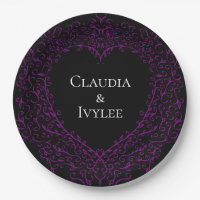 Purple and Black Heart Gothic Wedding Paper Plates