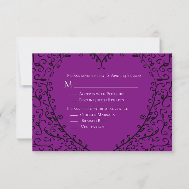 Purple and Black Heart Gothic Wedding Reply Card (Front)