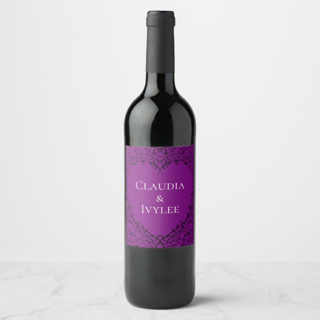 Purple and Black Heart Gothic Wedding Wine Labels (Front)