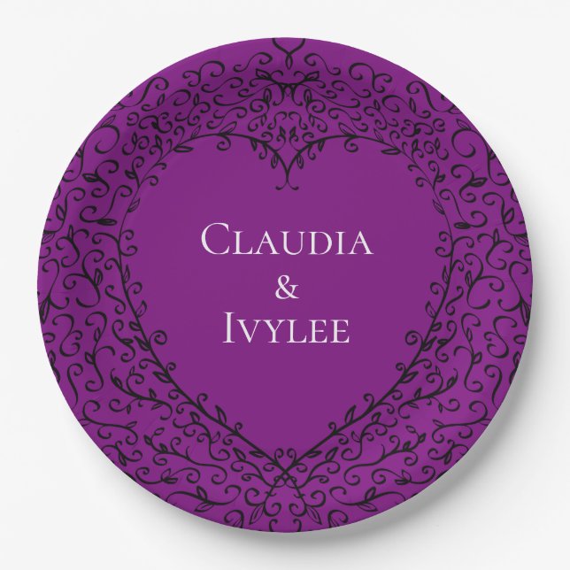 Purple and Black Heart Wedding Paper Plate (Front)