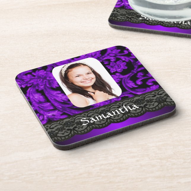 Purple and black lace personalised photo template coaster (Left Side)