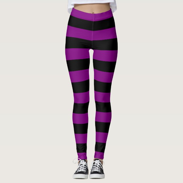 Purple and Black Large Size Horizontal Stripes Leggings (Front)