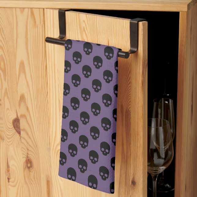 Purple and Black Little Skulls Pattern Halloween Tea Towel (Thirds Fold)