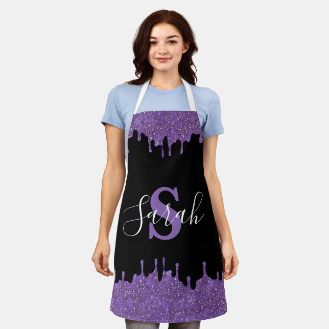 Purple and Black Monogram Glitter Drips Apron (Worn)