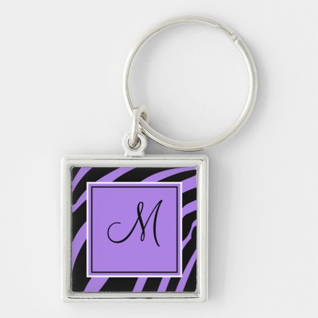 Purple and Black Monogram Zebra Print Keychain (Front)