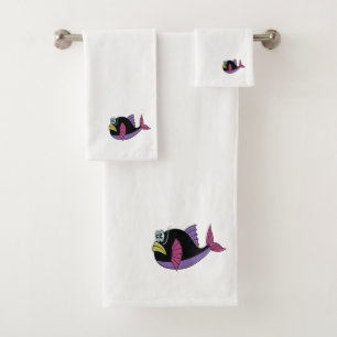 Purple and black multi colour puffer fish bath towel set