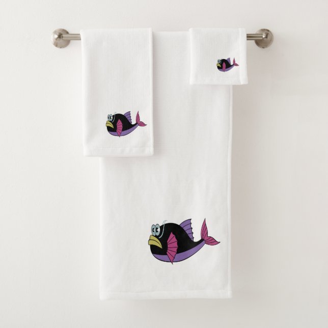 Purple and black multi colour puffer fish bath towel set (Insitu)