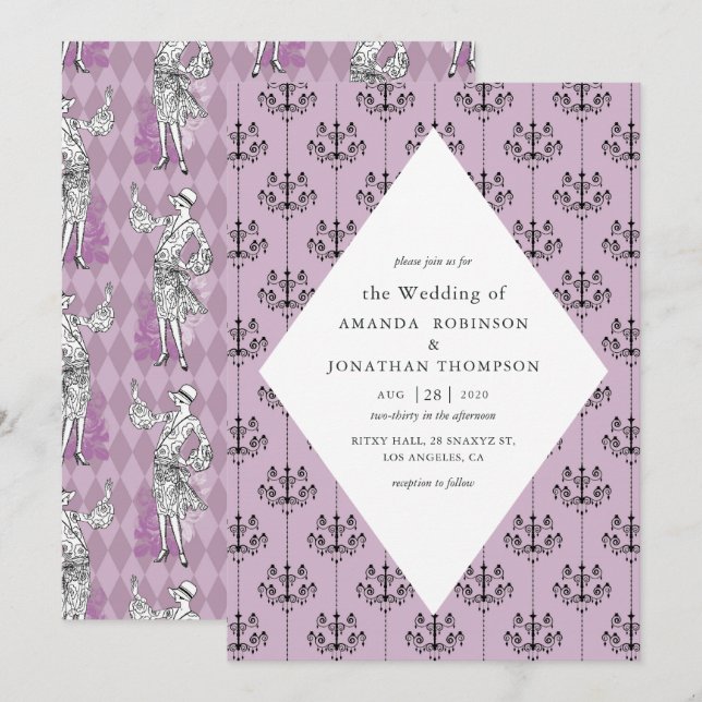 Purple and Black Paris Themed Calligraphy Wedding Invitation (Front/Back)