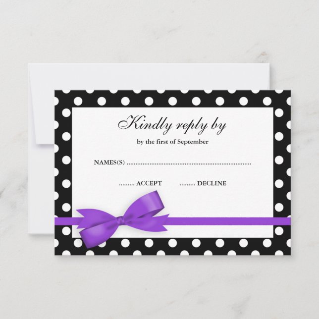 Purple and Black Polka Dot Bow RSVP Card (Front)