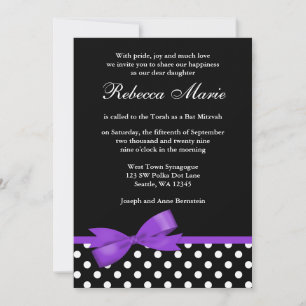 Purple and Black Polka Dots Bow Bat Mitzvah Invitation