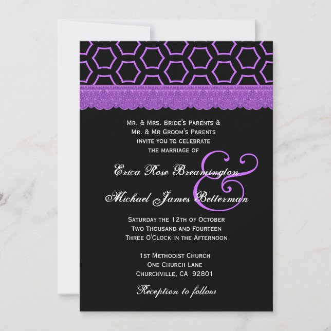 Purple and Black Retro Lace Monogram Wedding V22 Invitation (Front)