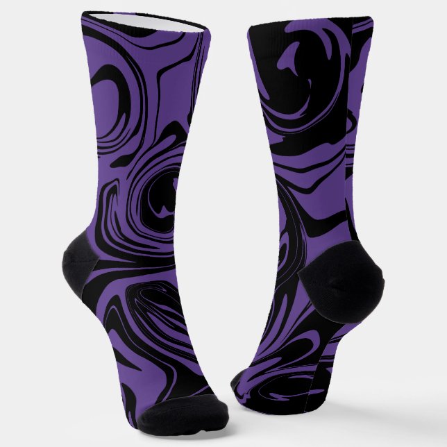 Purple and Black retro marble swirl Socks (Angled)