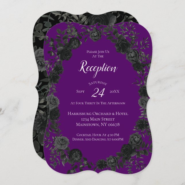 Purple and Black Rose Gothic Wedding Reception Invitation (Front/Back)