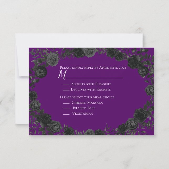 Purple and Black Rose Gothic Wedding Reply Card (Front)