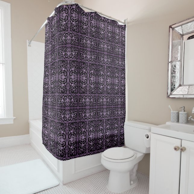 Purple and black scrollwork shower curtain (In Situ)