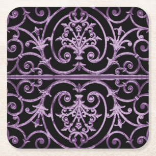 Purple and black scrollwork square paper coaster