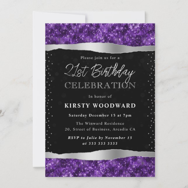 Purple and Black Shimmer Glitter 21st Birthday Invitation (Front)
