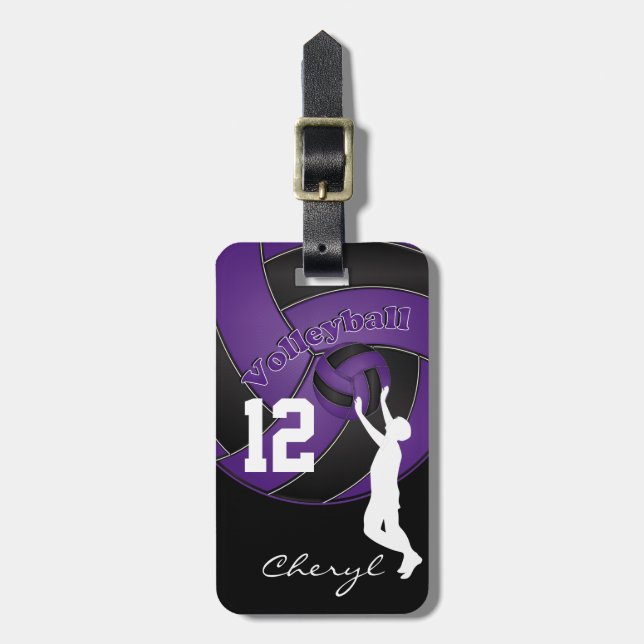 Purple and Black Sporty Volleyball Luggage Tag (Front Vertical)