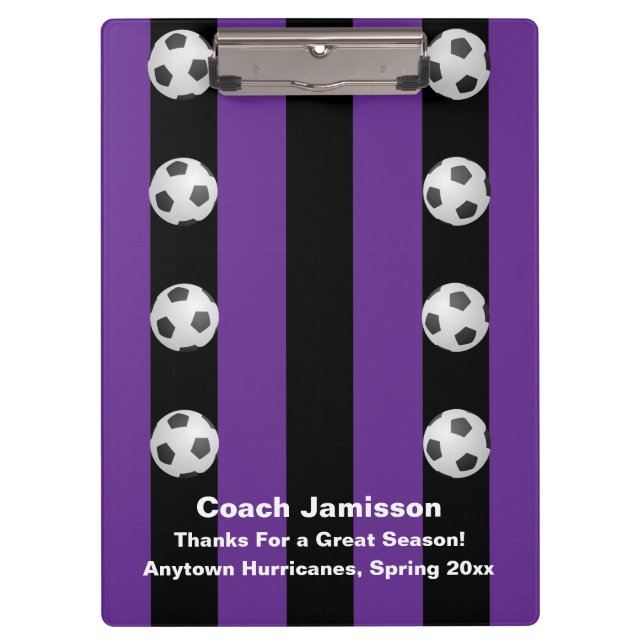 Purple and Black Stripe Soccer Coach Thank You Clipboard (Front)