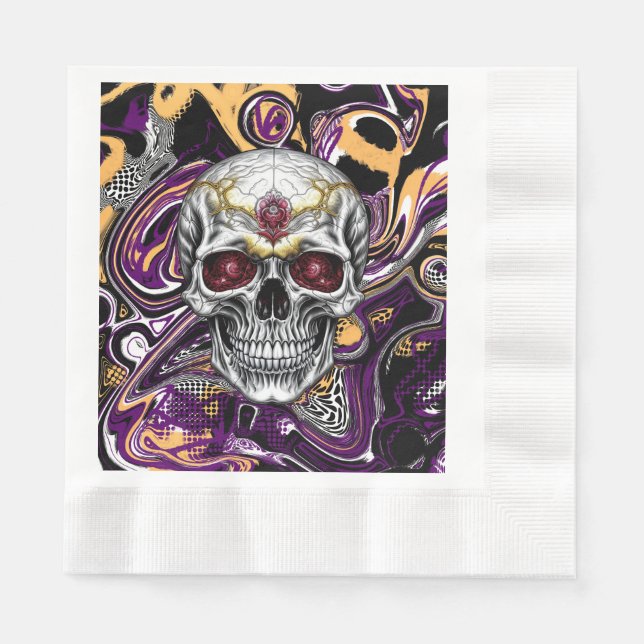 Purple and Black Sugar Skull Halloween Party Napkin (Front)