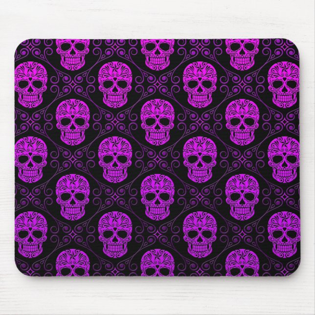 Purple and Black Sugar Skull Pattern Mouse Pad (Front)