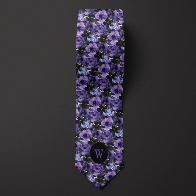 Purple and Black Watercolor Floral Monogram Tie (Creator Uploaded)