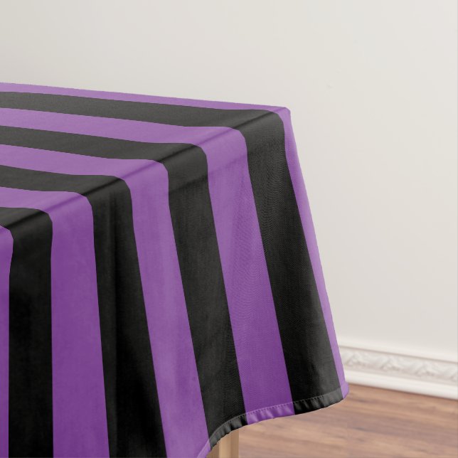 Purple and Black Witch Stripes Halloween Patterned Tablecloth (In Situ)