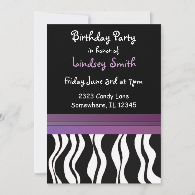Purple and Black Zebra Print Birthday Invitation (Front)