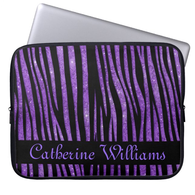 Purple and Black Zebra Skin Pattern on Glitter Laptop Sleeve (Front)