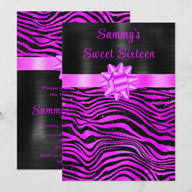 Purple and Black Zebra Stripes Sweet Sixteen Invitation (Front/Back)