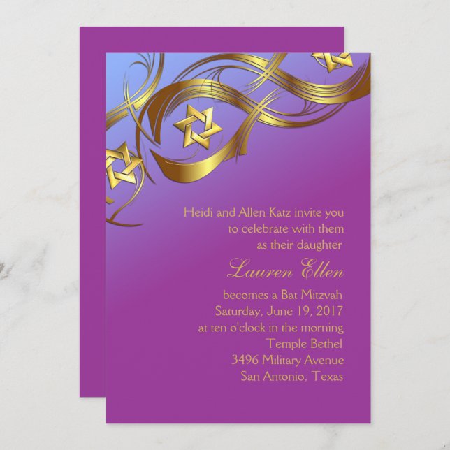 Purple and Blue Bat Mitzvah Gold Stars Flourish Invitation (Front/Back)