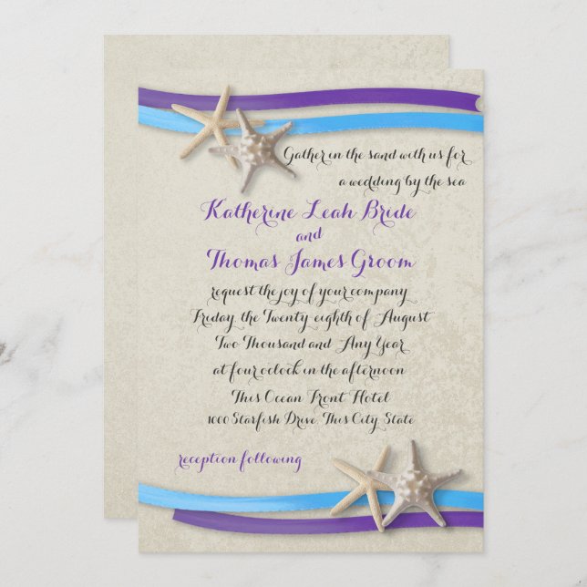 Purple and Blue Beach Wedding Starfish and Ribbon Invitation (Front/Back)