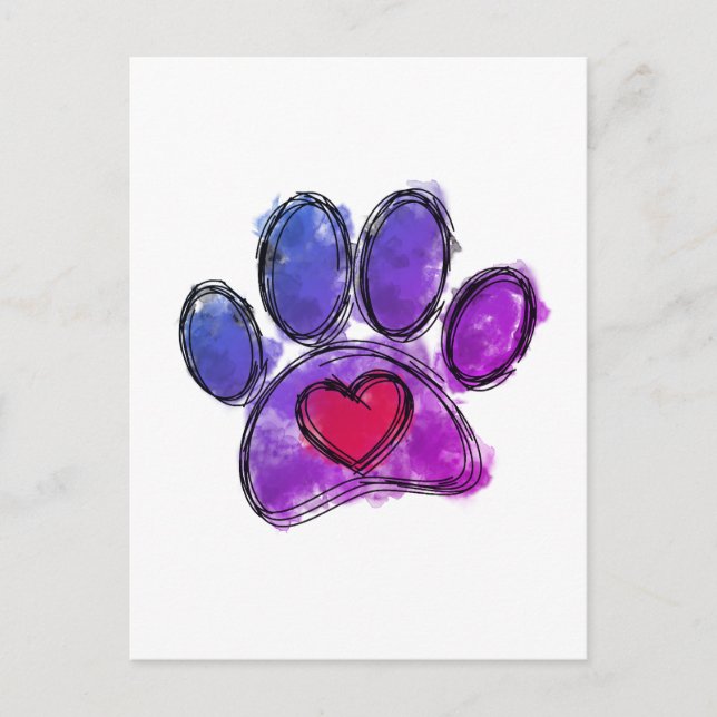 Purple and Blue Dog Lover Drawing Watercolor Postcard (Front)