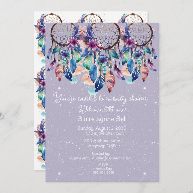 Purple and Blue Dreamcatcher Girl Baby Shower Invitation (Front/Back)