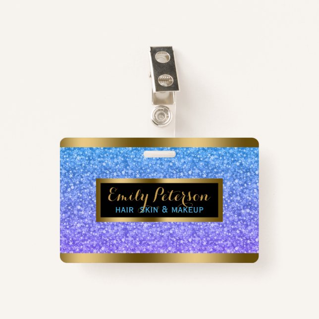 Purple And Blue Faux Glitter Gold Accents ID Badge (Front with Clip)