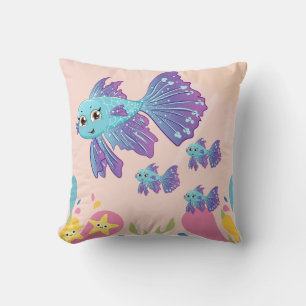 Purple and blue fish in pink ocean scene, cushion