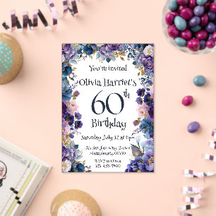 Purple and blue floral 60th birthday invitation