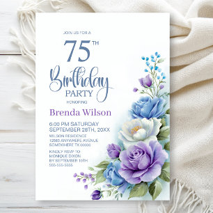 Purple and Blue Floral 75th Birthday Party Invitation