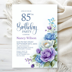 Purple and Blue Floral 85th Birthday Party Invitation