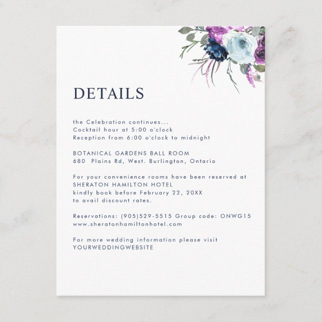 Purple and Blue Floral Details / Guest Information Enclosure Card (Front)
