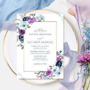 Purple and Blue Floral Elegant Wedding Invitation