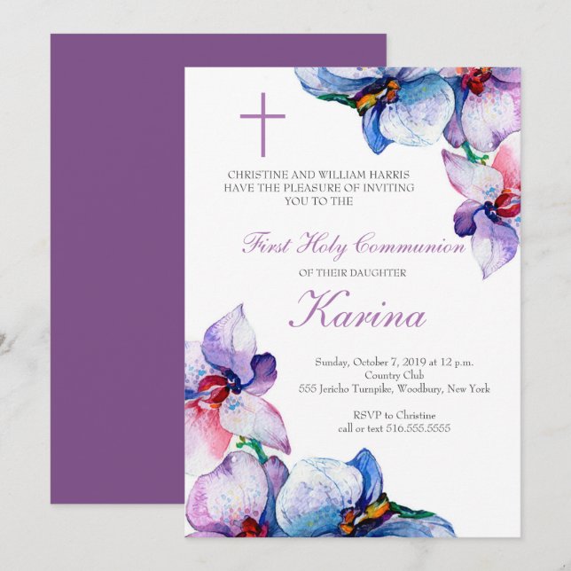 Purple and Blue Floral First Holy Communion Invitation (Front/Back)
