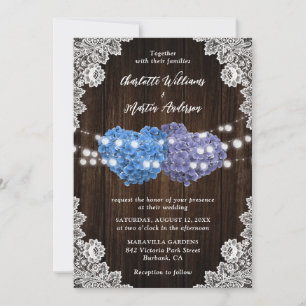 Purple and Blue Floral Hearts Wood Lace Wedding Invitation