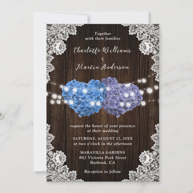 Purple and Blue Floral Hearts Wood Lace Wedding Invitation (Front)