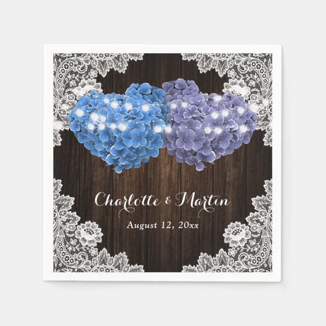 Purple and Blue Floral Hearts Wood Lace Wedding Napkin (Front)