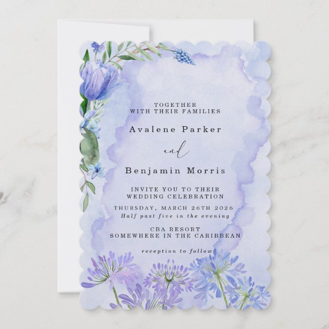 Purple and Blue Floral Lotus Wedding Invitations (Front)