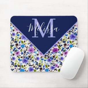 Purple and blue floral personalised mouse pad