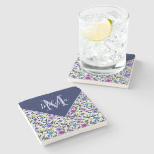 Purple and blue floral personalised stone coaster