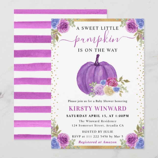Purple and Blue Floral Pumpkins Fall Wedding Invitation (Front/Back)