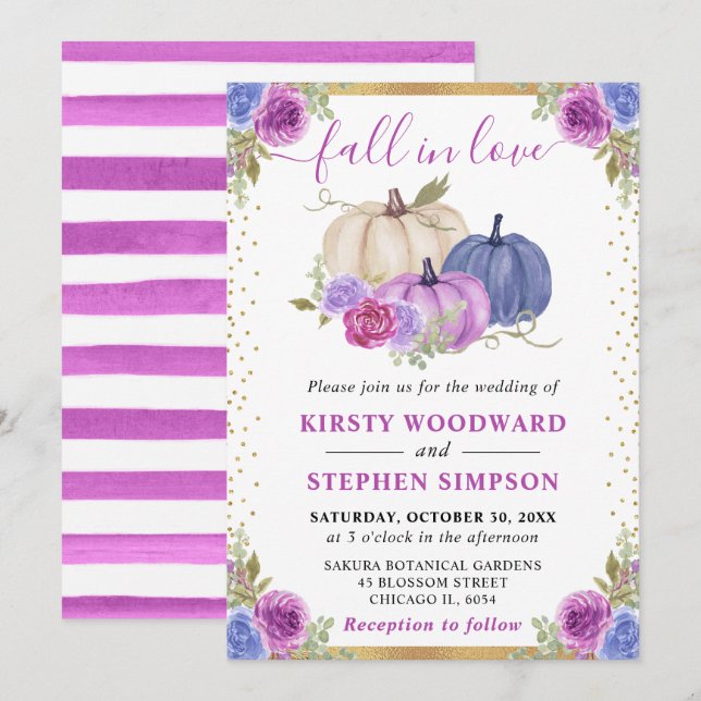 Purple and Blue Floral Pumpkins Fall Wedding Invitation (Front/Back)